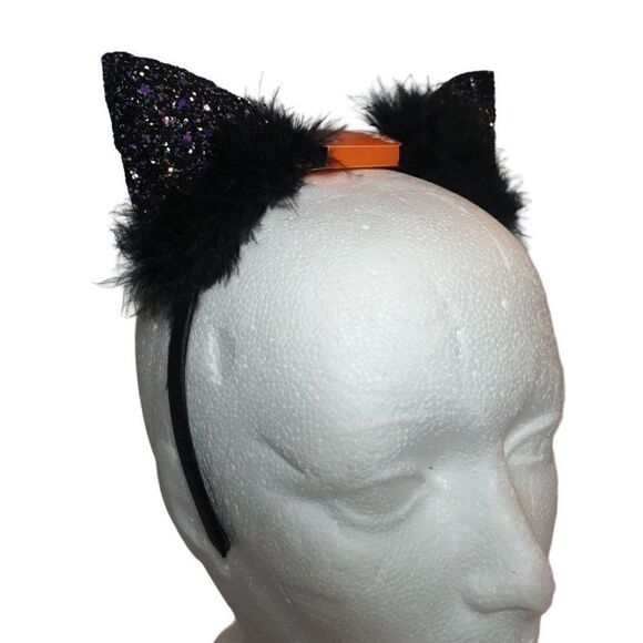 Sparkle Black Glitter Fuzzy Feathers Cat Ears Headband NWT - Picture 7 of 7